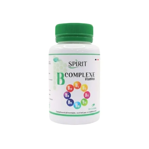 Flacon blanc Spirit B Complexe bouchon vert pastilles vitamines colorées