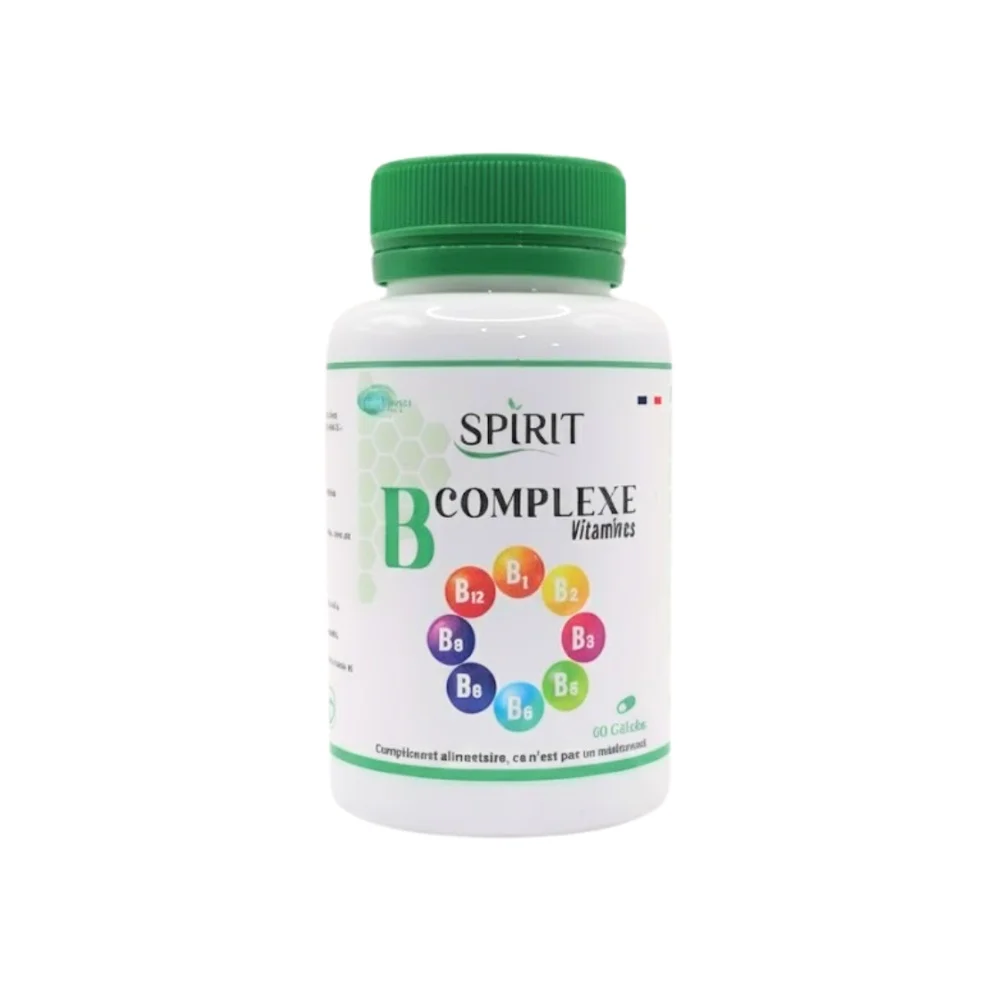 spirit-pharma-b-complexe-60-gelules.jpg Flacon blanc Spirit B Complexe bouchon vert pastilles vitamines colorées