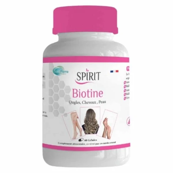 Flacon blanc Spirit Biotine bouchon rose cheveux ongles peau 60 gélules