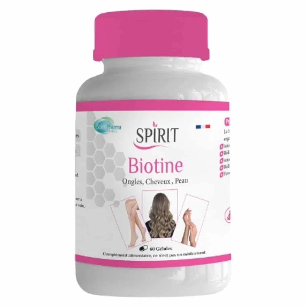 spirit-pharma-biotine-ongles-cheveux-et-peu-60-gelules.jpg Flacon blanc Spirit Biotine bouchon rose cheveux ongles peau 60 gélules