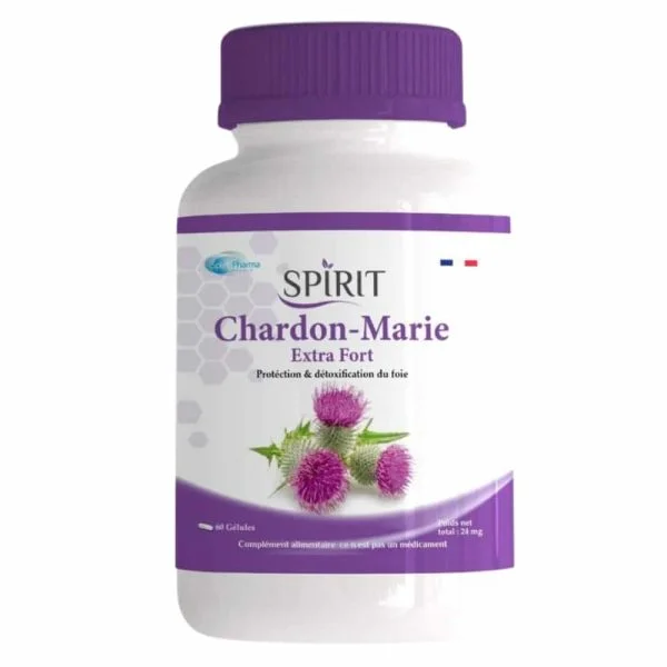 Flacon blanc Spirit Chardon-Marie bouchon violet fleurs de chardon 60 gélules