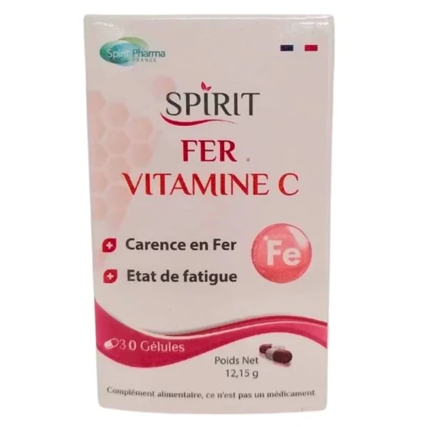 Étui blanc et rouge Spirit Fer Vitamine C 30 gélules symbole Fe