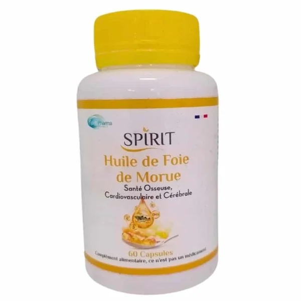 Flacon blanc Spirit Huile de foie de morue bouchon jaune 60 capsules