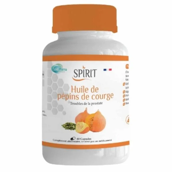 Flacon blanc Spirit Huile de pépins de courge bouchon orange 60 capsules