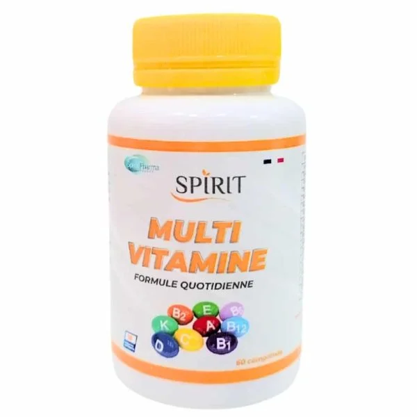 Flacon blanc Spirit Multi Vitamine bouchon jaune pastilles colorées 60 comprimés