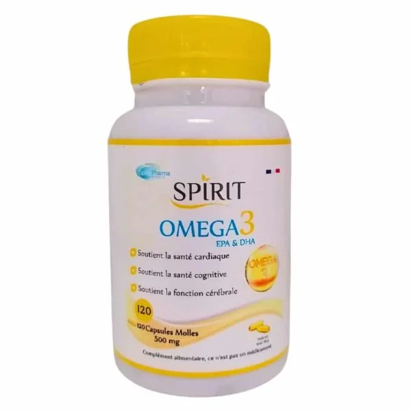 Flacon blanc Spirit Omega 3 bouchon jaune 120 capsules molles dorées