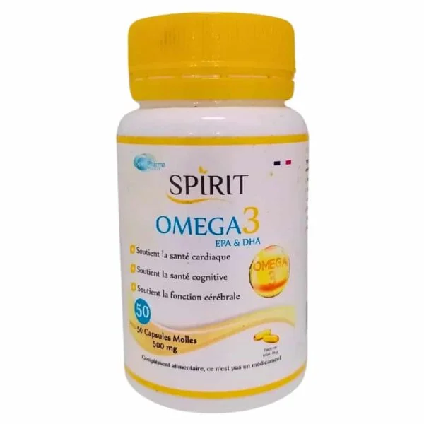 Flacon blanc Spirit Omega 3 bouchon jaune 50 capsules molles dorées