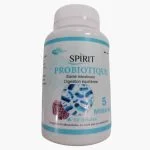 Flacon blanc Spirit Probiotique 60 gélules, illustration de ferments bleus