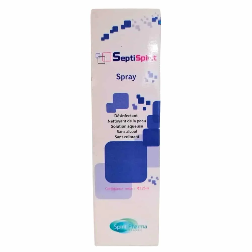spirit-pharma-septispirit-spray-desinfectant-nettoyant-125ml.jpg Étui blanc et bleu SeptiSpirit spray désinfectant Spirit Pharma 125 ml