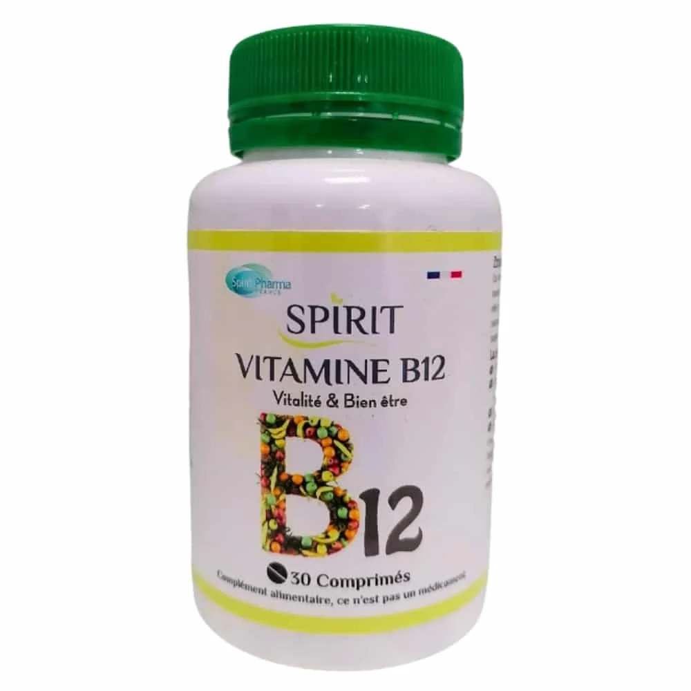 spirit-pharma-vitamine-b12-30-comprimes.jpg Flacon blanc Spirit Pharma Vitamine B12 couvercle vert 30 comprimés