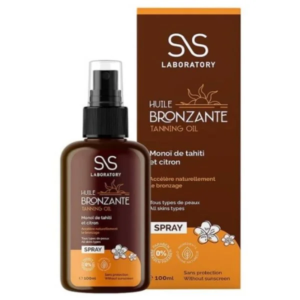 Flacon spray et étui marron d'huile bronzante SS Laboratory monoï et citron 100 ml