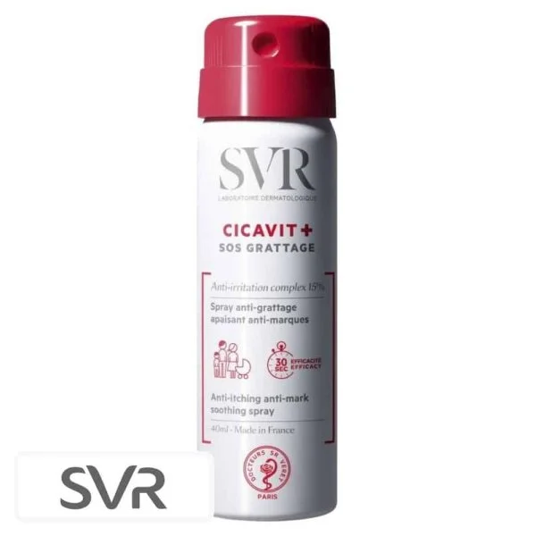 Aérosol blanc à capuchon rouge SVR Cicavit+ SOS Grattage spray 40 ml