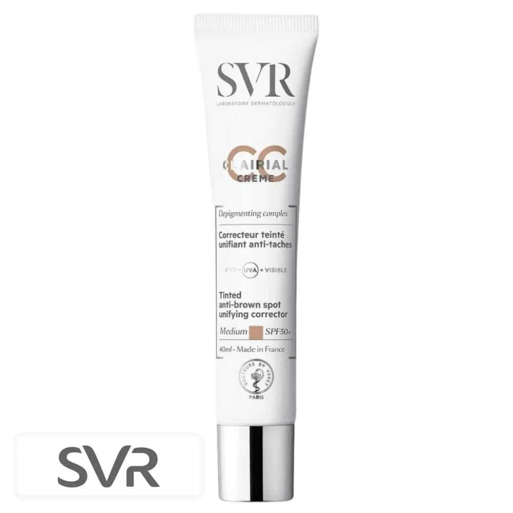 svr-clairial-cc-creme-correcteur-teinte-medium-unifiant-anti-taches-spf50-40ml.jpg Tube blanc SVR Clairial CC Crème teinte Medium SPF50+ 40ml