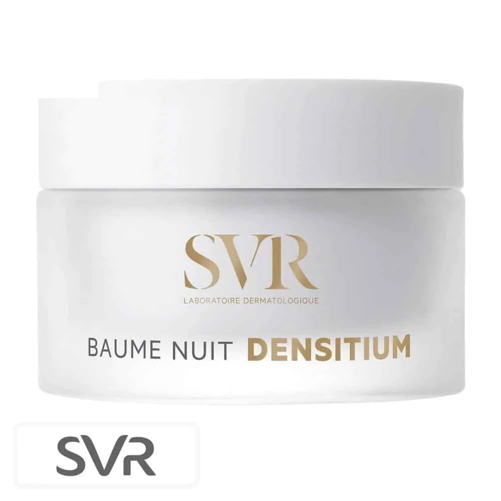 svr-densitium-baume-nuit-reparation-globale-regeneration-intense-50ml.jpg Pot blanc givré SVR Densitium Baume Nuit lettrage doré 50ml