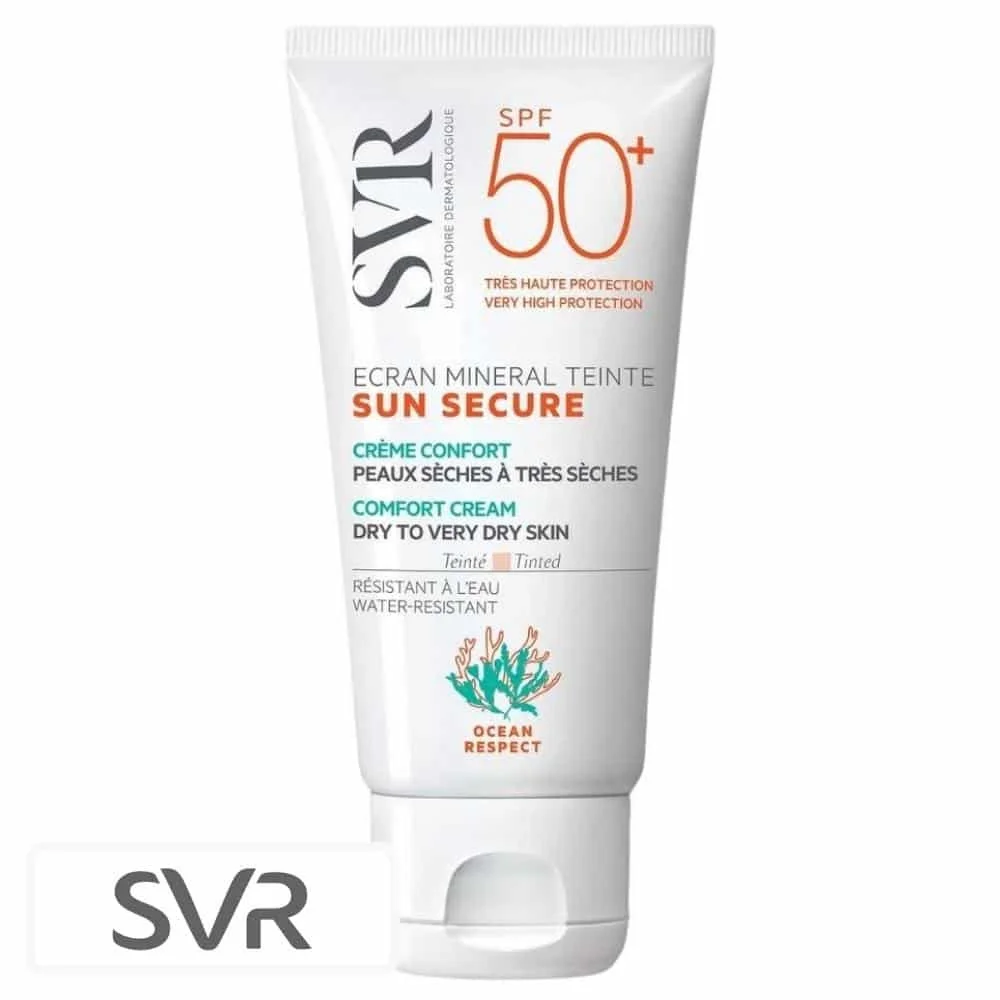 svr-sun-secure-creme-minerale-teinte-toucher-sec-peau-seche-a-tres-seche-60g.jpg Tube blanc SVR Sun Secure Écran minéral teinté crème confort SPF50+