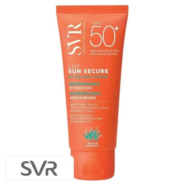 Tube orange SVR Sun Secure Lait solaire hydratant SPF50+ 250ml