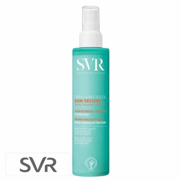 Flacon spray turquoise SVR Sun Secure après-soleil rafraîchissant apaisant 200ml