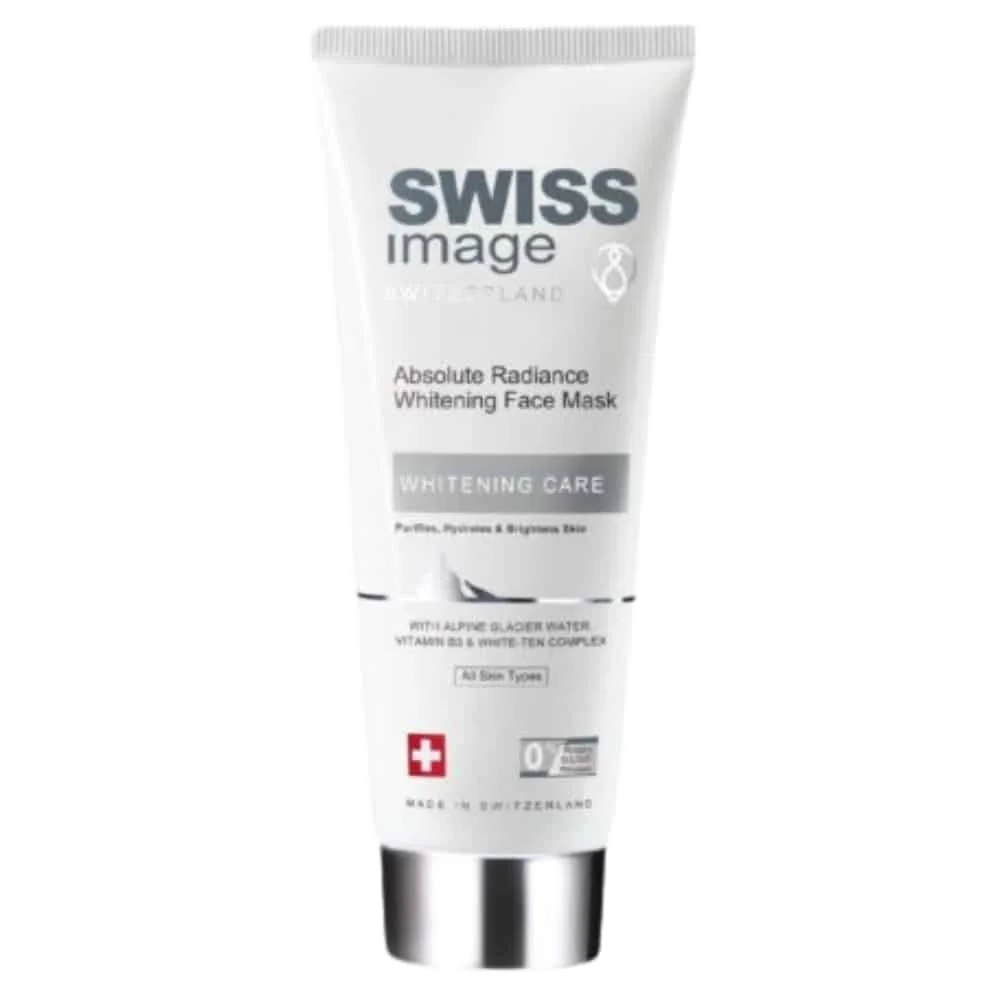 swiss-image-absolute-radiance-masque-eclaircissant-75ml.jpg Tube blanc de masque visage Swiss Image Absolute Radiance Whitening Face Mask, bouchon argenté