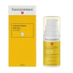 Flacon pompe et étui jaunes de la crème solaire Swissderma SPF 50+ Invisible