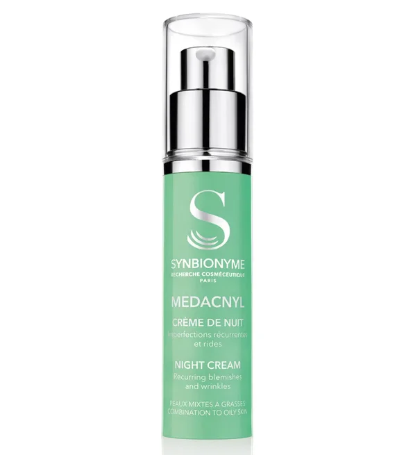 synbionime-medacnyl-creme-de-nuit-imperfections-recurentes-et-rides-30ml.jpg Flacon pompe vert de la crème de nuit Synbionyme Medacnyl imperfections et rides