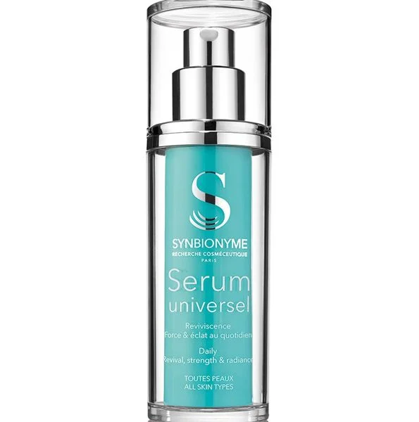 Flacon pompe turquoise Synbionyme Sérum universel force et éclat, capot transparent