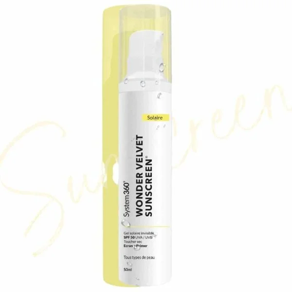 Flacon pompe blanc et jaune System360 Wonder Velvet Sunscreen SPF 50 50 ml