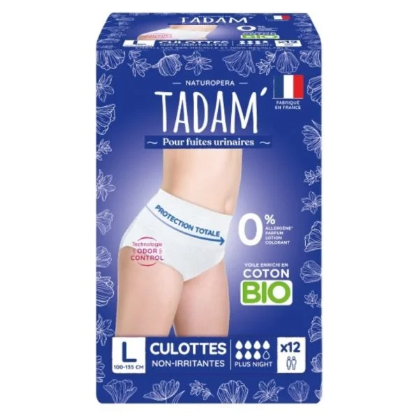 Tadam’ Fuites Urinaires Culottes Non-irritantes Bio Plus Night 100-135cm Taille L 12u