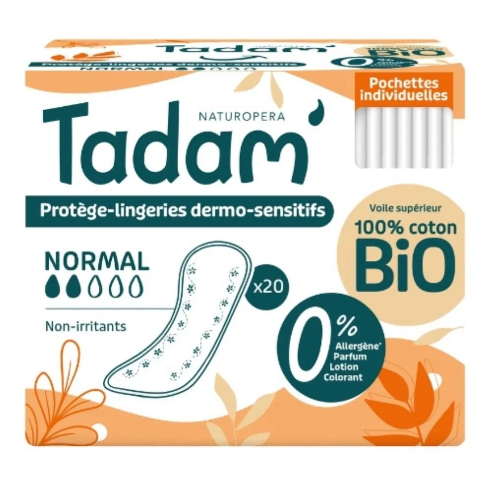 tadam-protege-lingerie-dermo-sensitifs-non-irritantes-pochettes-individuelles-bio-normal-20u.jpg Boîte Tadam protège-lingerie dermo-sensitifs Normal pochettes individuelles coton bio non-irritants x20