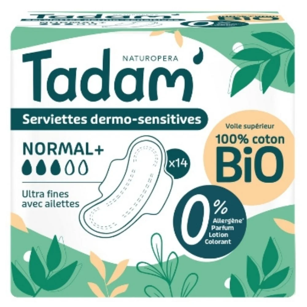 tadam-serviettes-dermo-sensitives-ultra-fines-avec-ailettes-normal-bio-14u.jpg Paquet vert Tadam' Serviettes dermo-sensitives Normal+ ultra fines avec ailettes x14