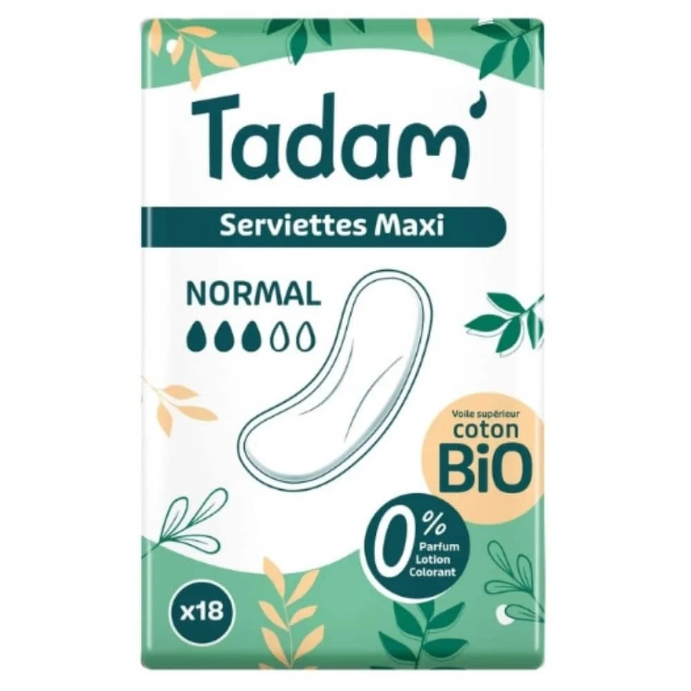 tadam-serviettes-maxi-normal-bio-18u.jpg Paquet vert Tadam' Serviettes Maxi Normal x18, voile supérieur coton bio