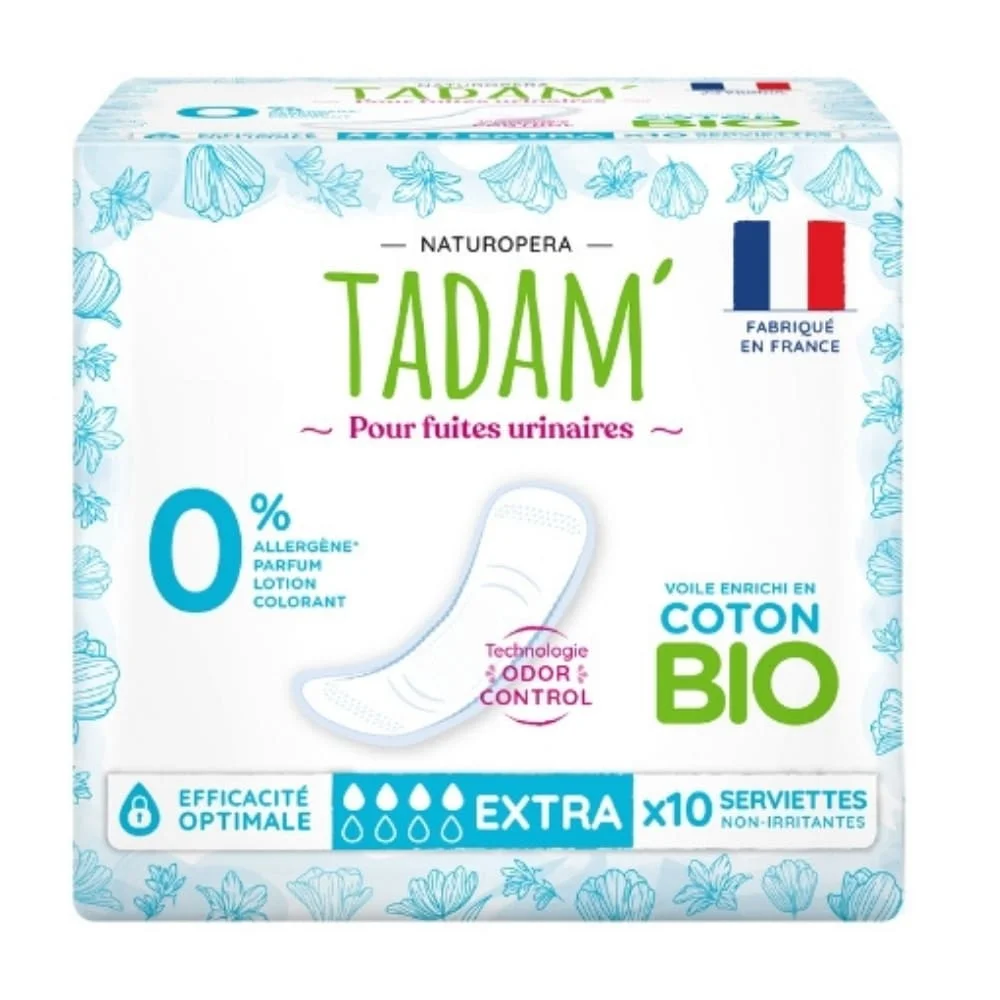 tadam-serviettes-non-irritantes-fuites-urinaires-bio-extra-10u.jpg Paquet Tadam serviettes non-irritantes Extra pour fuites urinaires coton bio x10