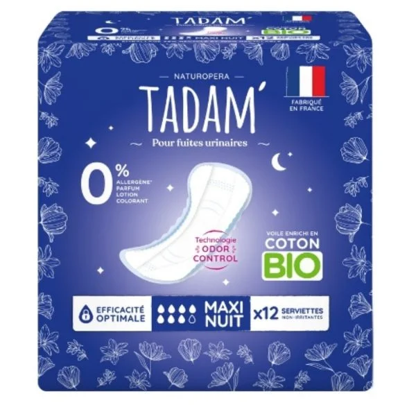 Tadam’ Serviettes Non-irritantes Fuites Urinaires Bio Maxi Nuit 12u