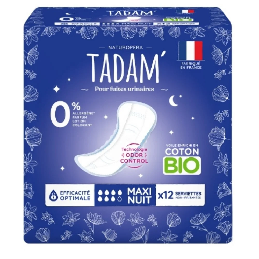tadam-serviettes-non-irritantes-fuites-urinaires-bio-maxi-nuit-12u.jpg Paquet Tadam serviettes non-irritantes Maxi Nuit pour fuites urinaires coton bio x12