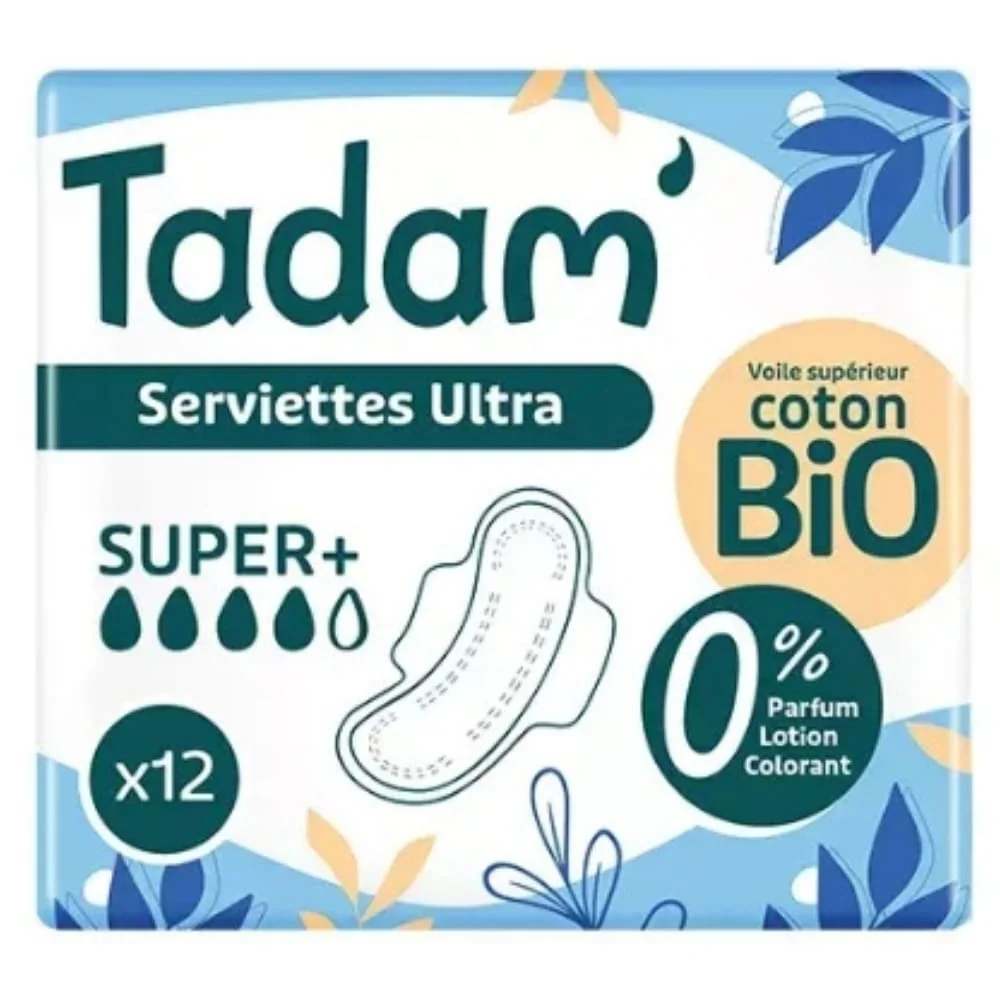 tadam-serviettes-ultra-super-bio-12u.jpg Paquet bleu Tadam' Serviettes Ultra Super+ x12 avec ailettes, voile coton bio