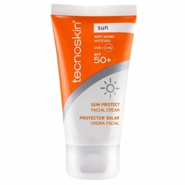 Tube orange et blanc Tecnoskin Sun Protect Facial Cream anti-aging SPF 50+