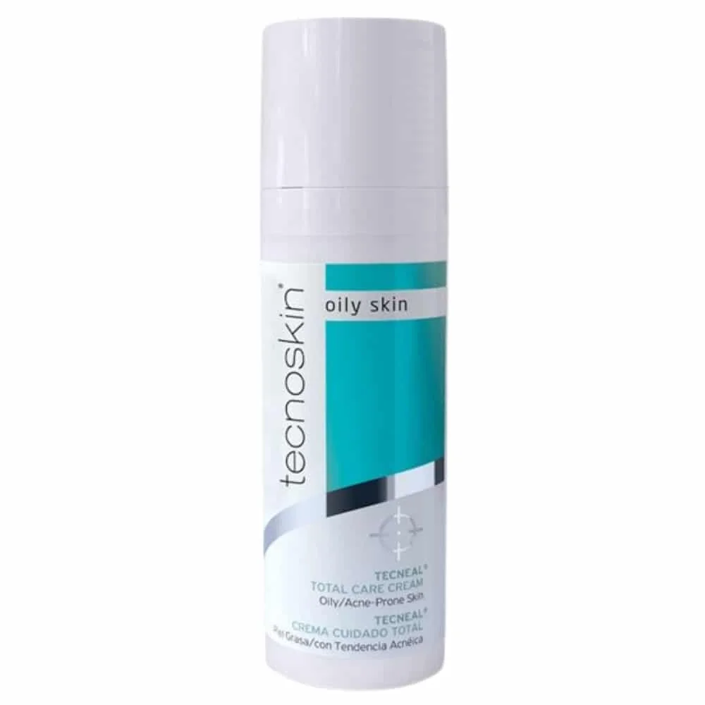 tecnoskin-tecneal-creme-soin-total-30ml.jpg Flacon pompe blanc et turquoise Tecnoskin Tecneal Total Care Cream oily skin