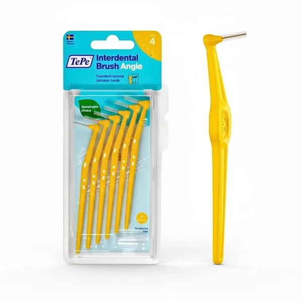 Blister de six brossettes TePe Angle jaunes avec une brossette présentée à côté