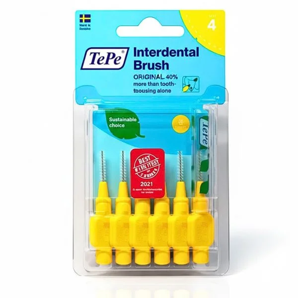 Blister de six brossettes interdentaires TePe Original jaunes, taille 4, manche court