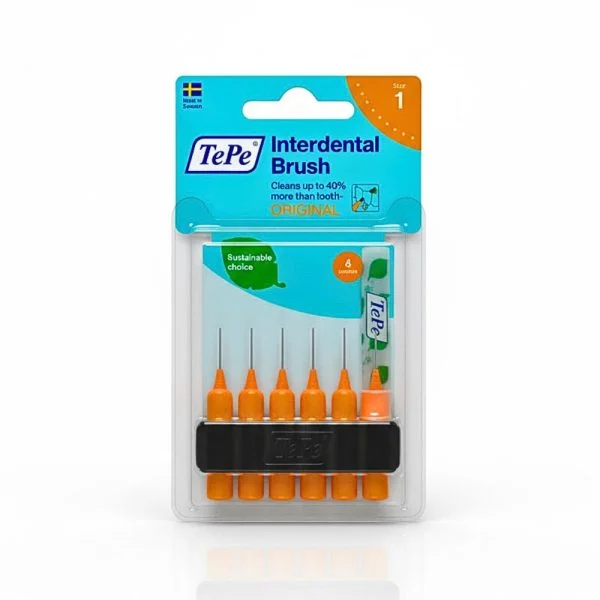 Blister de six brossettes interdentaires TePe Original oranges avec étui de transport