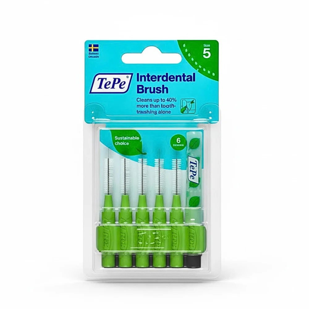 tepe-interdental-brush-original-vert-08mm-taille-5-6u.jpg Blister de six brossettes interdentaires TePe Original vertes, taille 5, avec étui