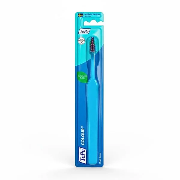 Brosse à dents TePe Colour bleu clair sous blister, tête à brins colorés