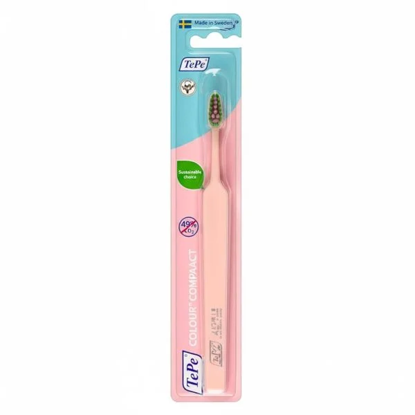 Brosse à dents TePe Colour Compact rose clair sous blister, petite tête garnie