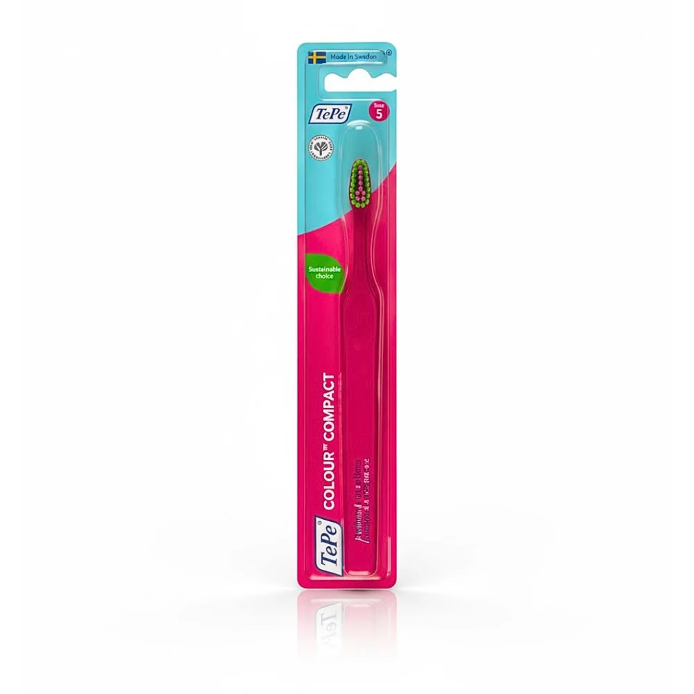 tepe-tepe-brosse-a-dents-colour-compact-rose-extra-soft-1u.jpg Brosse à dents TePe Colour Compact rose vif sous blister, brins verts et roses