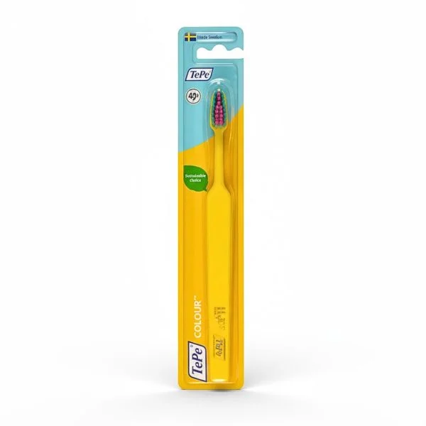 Brosse à dents TePe Colour jaune sous blister, tête à brins roses et verts