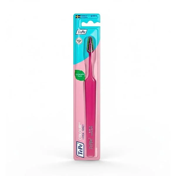 Brosse à dents TePe Colour rose sous blister rose, brins verts et roses