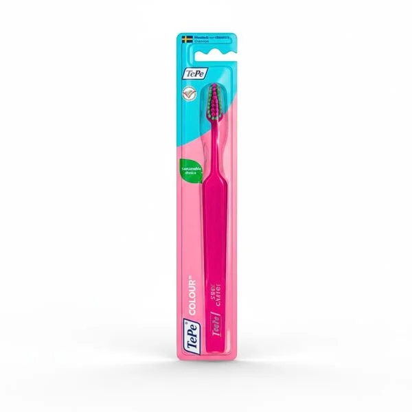 Brosse à dents TePe Colour rose vif sous blister, tête à brins bicolores