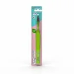 Brosse à dents TePe Colour verte sous blister, tête à brins roses et verts