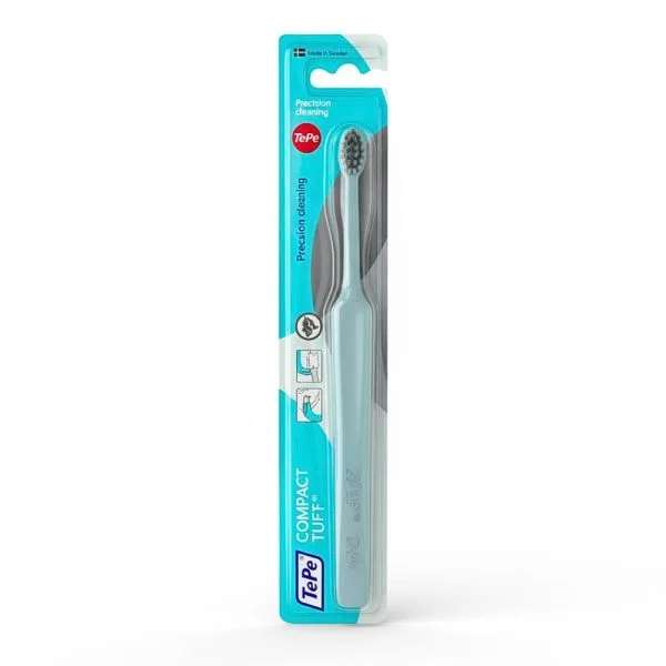 Brosse à dents TePe Compact Tuff sous blister turquoise, petite tête à touffe unique