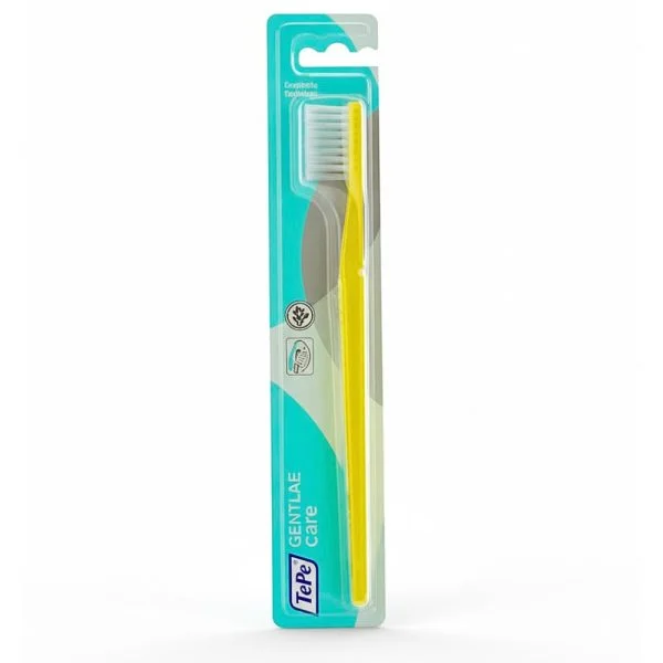 Brosse à dents TePe à manche jaune allongé et brins blancs, sous blister