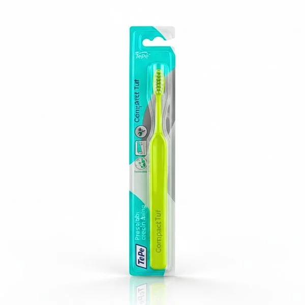 Brosse à dents TePe à manche vert et tête étroite, sous blister turquoise